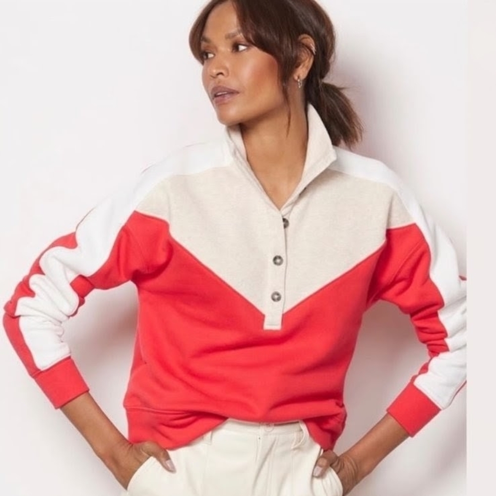 Evereve Mika Colorblock Quarter Button-front Collared Polo Henley In Red/Oat - M - Picture 2 of 6